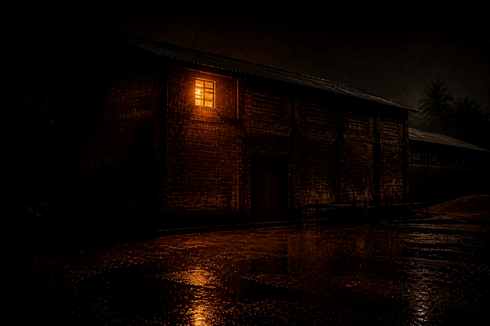 Two-storey tropical brick factory at night in light rain, one upper window glowing from a match.